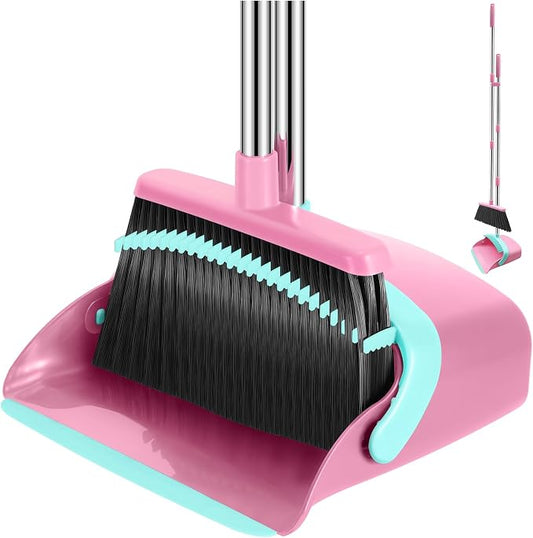 NACENA Broom and Dustpan Set with 52-in Long Adjustable Handle, Pink Blue | Broom Dustpan Combo with Dustpan Teeth to Automatically Clean Hair Suitable for Home Kitchen Office Hall Floor