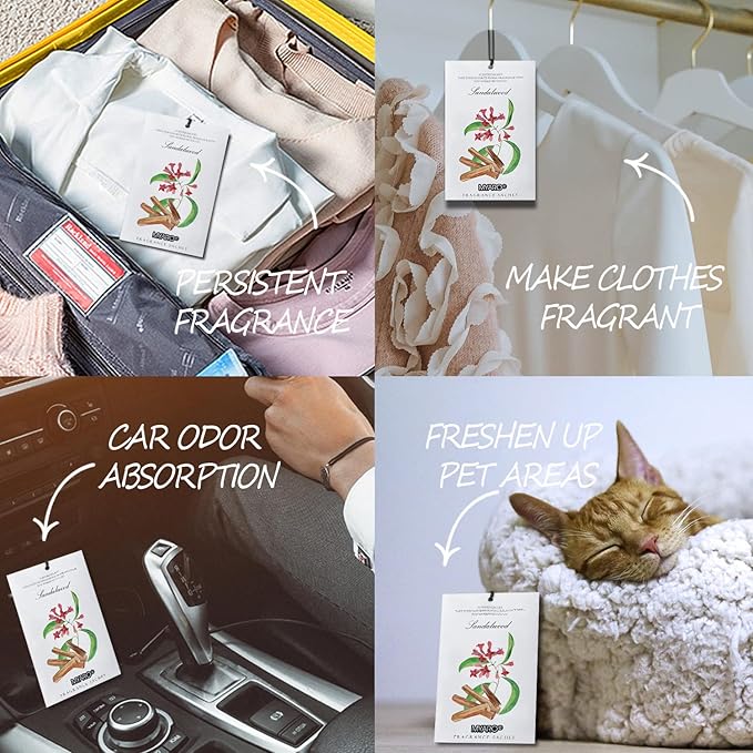 MYARO 12 Pack Sandalwood Scented Sachets, Closet Deodorizer Car Freshener | Long-Lasting Sachet Bag, Odor Eliminator for Closet, Drawer, Bathroom, Clothes, Fabric Refresher, Home Fragrance Gift Set