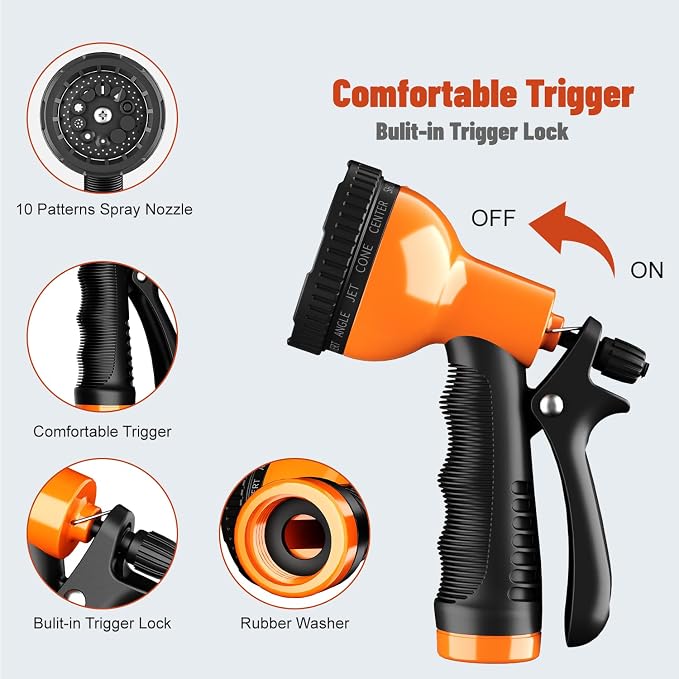 Besiter Garden Hose Nozzle Sprayer 10 Watering Patterns Spray Nozzles Heavy Duty Hose Head Lightweight Hose Attachment Orange