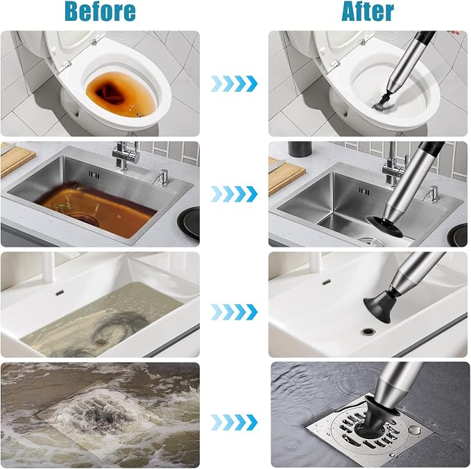 Toilet Plunger Drain Clog Remover: High Pressure Air Drainage Blaster Clog Remover Tool with Gloves- Stainless Steel Black Air Plunger for Bathroom, Sink, Floor, Kitchen Clogged
