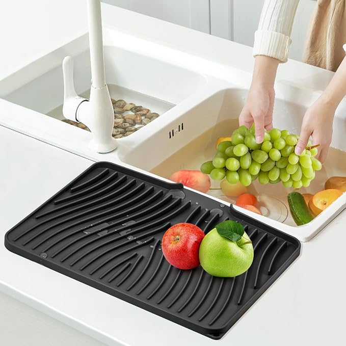 TIKNIK Silicone Dish Drying Mat for Kitchen Counter - Heat Resistant & Non-Slip Dish Drain Pad with Built-In Drain, Dishwasher Safe, Quick-Dry, Hangable & Roll-Up for Storage, Black-2pcs, 16" x 12"