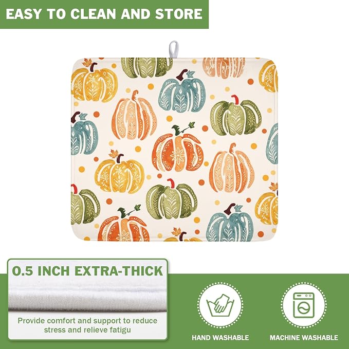 Fall Dish Drying Mat for Kitchen Counter 16 x 18 Inch Colorful Pumpkin Dish Drainer Mat Absorbent Microfiber Autumn Thanksgiving Harvest Dish Rack Pad for Coffee Dining Bar Decor
