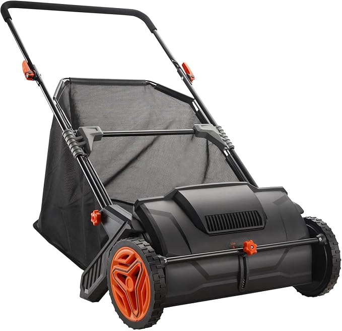 Push Lawn Sweeper,21inch Leaf & Grass Collector,Strong Rubber Wheels & Heavy Duty Thickened Steel Durable to Use with Large Capacity 3.5 cu. ft. Mesh Collection Hopper Bag,2 Spinning Brushes