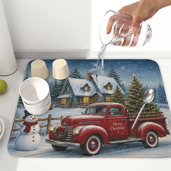 Merry Christmas Dish Drying Mat for Kitchen Counter 16x18 Inch Snowman Truck Dish Drainer Mat Absorbent Microfiber Winter Snowflake Dish Rack Pad for Coffee Dining Bar Decor