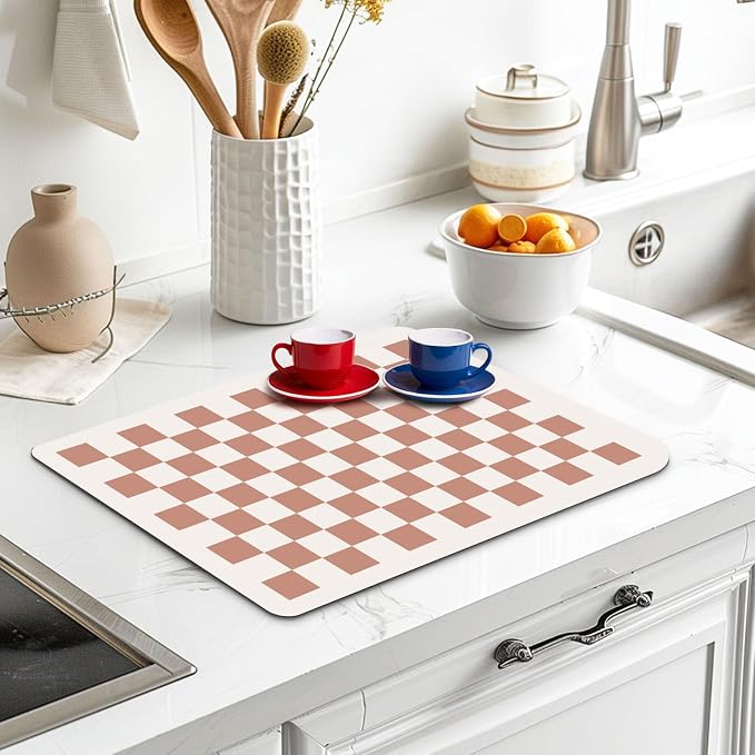 Clinuse Coffee Mats, 19"x12" Checkered Dish Drying Mat for Kitchen Counter, Quick Dry Mat, Diatomite Absorbent Aesthetic Large Drying Mats for Coffee Bar - Beige White