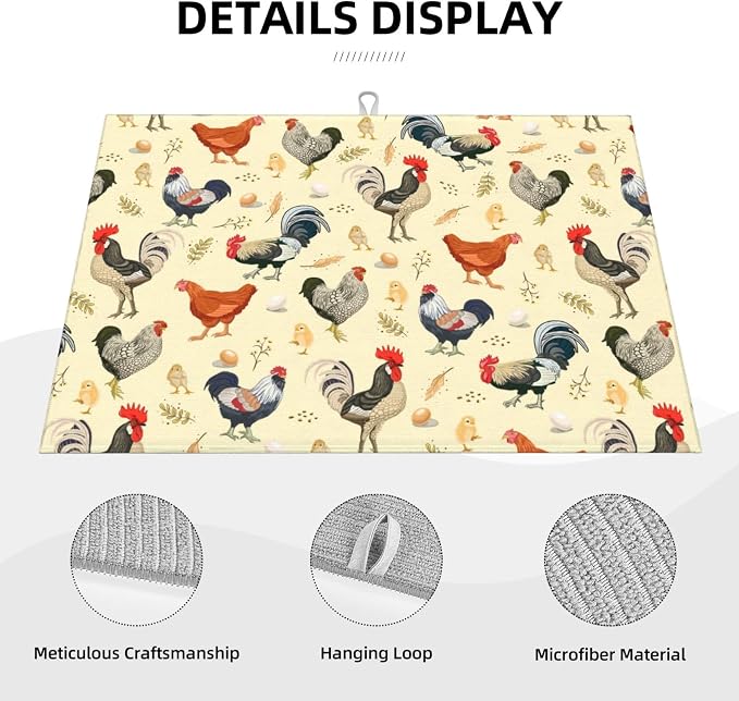 Chicken Dish Drying Mat for Kitchen Counter Cute Kitchen Mat Microfiber Kitchen Countertop Absorbent Reversible Drainer Rack Pad Dish Drying Mat 18 x 24 Inch