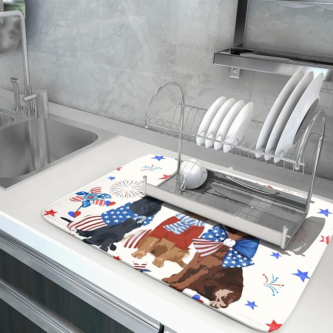Giwawa 4th of July Patriotic Dogs Dish Drying Mat American Independence Day Dish Dry Pad 18"x24" Absorbent Dishes Drainer Mat for Kitchen Counter
