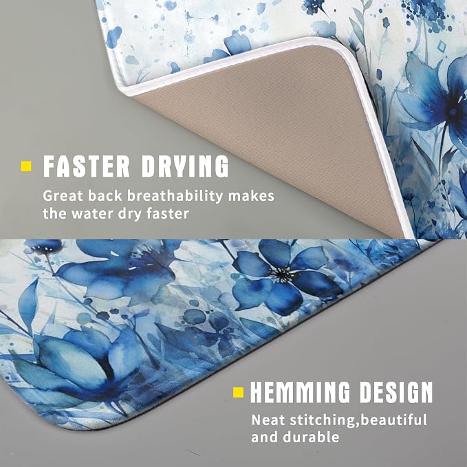 Giwawa Blue Floral Dish Drying Mat for Kitchen Counter Watercolor Leaves Dishes Drainer Rack Mat Absorbent Microfiber Dish Draining Pad 16x18 Inch
