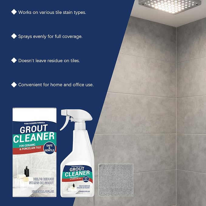 Grout Cleaner Spray 8 fl.oz, Foam for Ceramic & Porcelain Tile | Foam formula for tile grout, kitchen, bathroom & shower; helps remove stains & dirt; includes cleaning cloth; 8 fl.oz