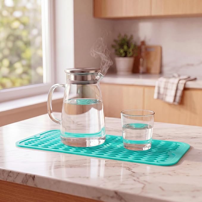 MicoYang Silicone Dish Drying Mat for Multiple Usage,Easy clean,Eco-friendly,Heat-resistant Silicone Mat for Kitchen Counter,Sink,Bar,Bottle,or Cup Mint M 17 inches x 6 inches