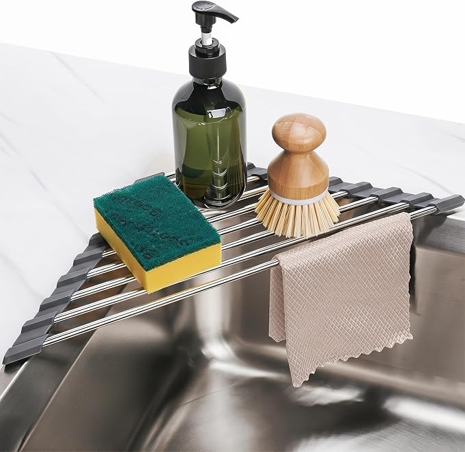 Tomorotec Stainless Steel Triangle Roll-Up Dish Drying Rack for Sink Corners - Foldable Over-The-Sink Multipurpose Kitchen Drainer, Trivet and Shelf - Space-Saving, Rustproof Organizer (Dark Gray)