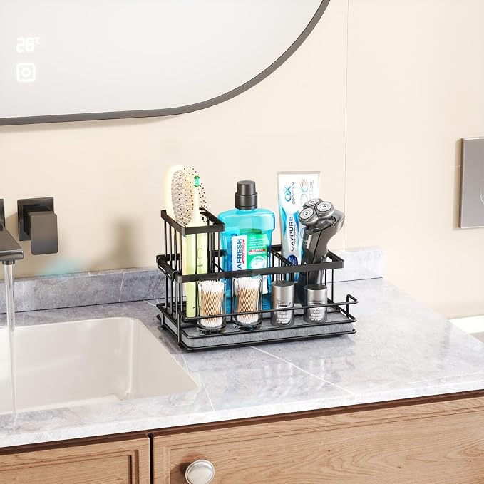 HapiRm Sink Caddy Sponge Holder - Kitchen Sink Organizer with Instant Drying Stone and Brush Holder, Stainless Steel Bathroom Counter Organizer - Black