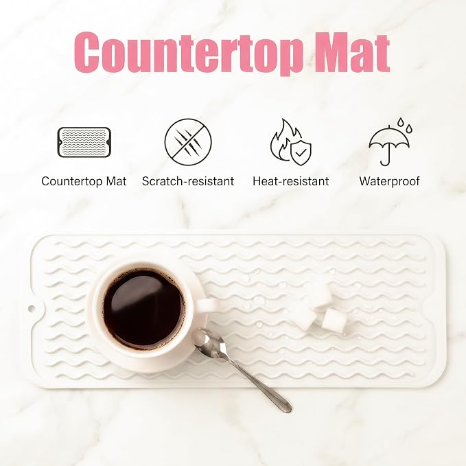 MicoYang Silicone Dish Drying Mat for Multiple Usage,Easy clean,Eco-friendly,Heat-resistant Silicone Mat for Kitchen Counter,Sink,Bar,Bottle,or Cup White M 17 inches x 6 inches