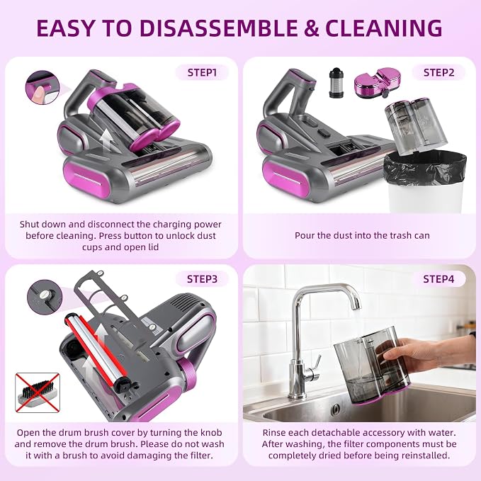 Cordless Mattress Vacuum Cleaner with 253.7nm UV-C Light, Purple | 16Kpa Handheld Bed Vacuum Ultrasonic, Widened Suction, Low Noise, HEPA Filtration for Mattress Sofa Couch Pet Hair