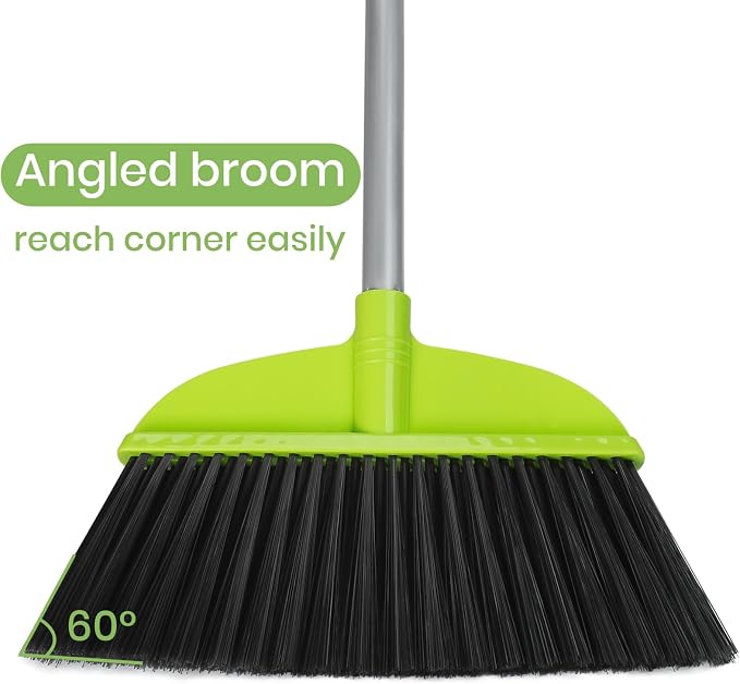 3 Packs Indoor Brooms for Sweeping Hardwood Floor Green Angle Broom with 55” Long Handle for Kitchenette Floor Cleaning