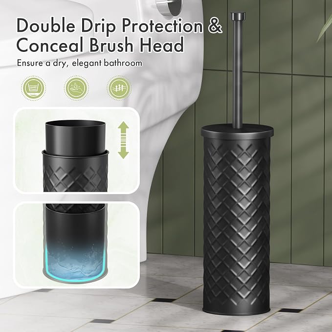 Toilet Bowl Brush and Holder Set 2 Pack with 4 Extra Brush Heads | Extra Long Handle with Splash Guard Cover, Tool-Free Installation, Bathroom Space-Saving, Cleaner Sets for Apartments, RV (Black)