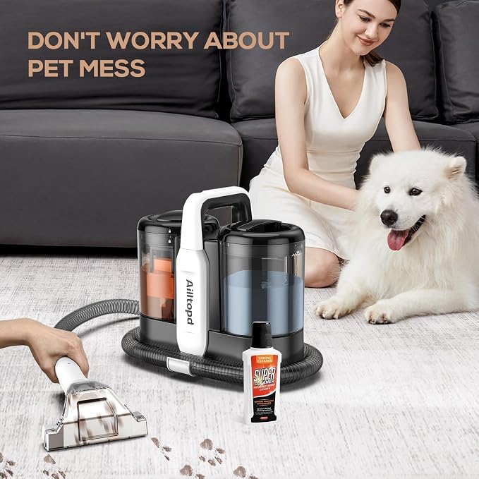 Portable Carpet & Upholstery Spot Cleaner Machine,15Kpa Deep Cleaning for Rug, Pet, Couch,Stairs & Car, Handheld Furniture Cleaner Machine with 2 Size BrushHead & Self-Cleaning System
