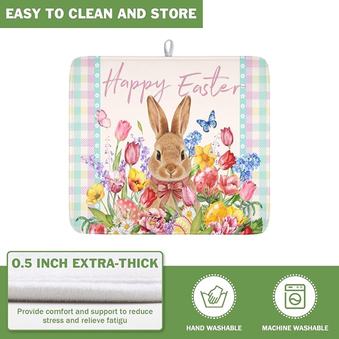 Easter Bunny Dish Drying Mat for Kitchen Counter Happy Easter Rabbit Floral Colorful Buffalo Plaid Microfiber Dish Drainer Mat Absorbent Washable Drying Pad 16"x18"