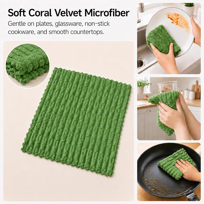 kimteny Microfiber Dish Cloths for Kitchen, 12 Pack 12 x 12 Inch Coral Velvet Kitchen Cleaning Cloths, Absorbent Reusable Non-Scratch Dish Rags for Dishes, Countertops & Sink