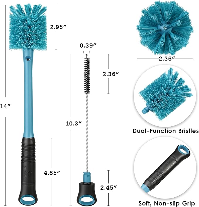 MOSOLAN 2-in-1 Water Bottle Brush and Straw Cleaner Brush, Long Handle Scrub Brush with Replaceable Head for Water Bottles, Glasswares, Mugs, Flasks, Tumblers and Kitchen Sink, Smokey Blue, 1 Pack