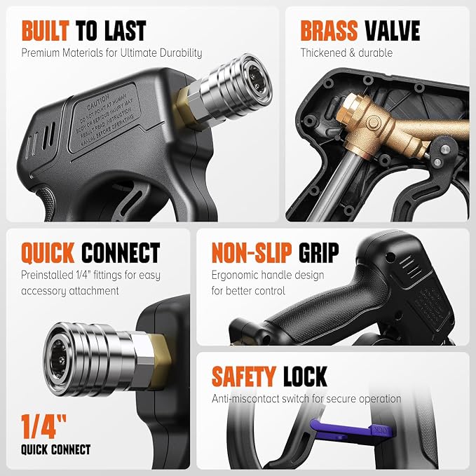 Short Pressure Washer Gun with 360°Swivel, 4000 PIS Power Washer Gun | Stubby High Pressure Washer Gun, 3/8" Male Plug, 1/4" Quick Connect, 5 Spray Nozzle, Car Wash Gun for Foam Cannon