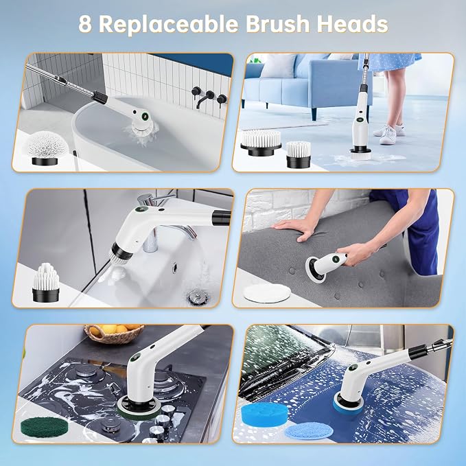 PUFTEM Electric Spin Scrubber, Cordless Shower Scrubber with 8 Scrub Brush, 2 Speed with Adjustable Extension Handle, Battery Level Display, Power Scrubber for Bathroom Bathtub Tile Floor (Black)
