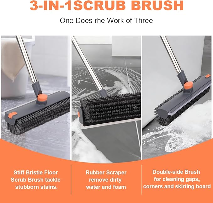 Floor Scrub Brush with 64" Long Handle - 360° Swivel Heads Household Push Brush with Squeegee and Right Angled Bristle for Cleaning Concrete Floors Grout Gardens Patio Deck Concrete Garage Heavy Duty