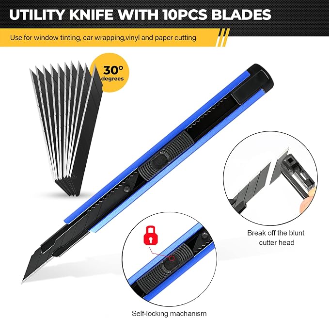 Gomake Vehicle Vinyl Wrap Window Tint Film Tool Kit Include 4 Inch Felt Squeegee, Retractable 9mm Utility Knife and Blades, Zippy Vinyl Cutter and Mini Go Corner Squeegee for Car Wrapping