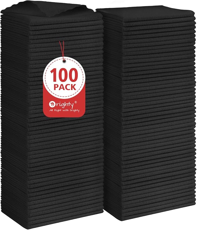 Orighty Microfiber Cleaning Cloth Bulk, 100 Pack, 11.5x11.5 inch, Black | Microfiber Towels for Cars, Multi-Purpose Shop Towels, Soft Highly Absorbent Cleaning Rags for Car, Home, Kitchen