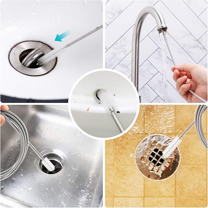 RayTour Extra-Thick Drain Brush with Stronger Spring 61-Inch Stainless Steel and Nylon Pipe Cleaner for Flexible, Curved & Slim Holes, Stronger Spring Version