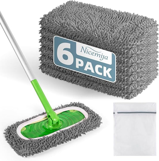 6 Pack Reusable Mop Pads Compatible with Swiffer Sweeper, Washable Wet & Dry Mopping Sweeping Cloth for Multi-Surface Cleaning, Microfiber Chenille Pad Refills (Gray, Not Include MOP)