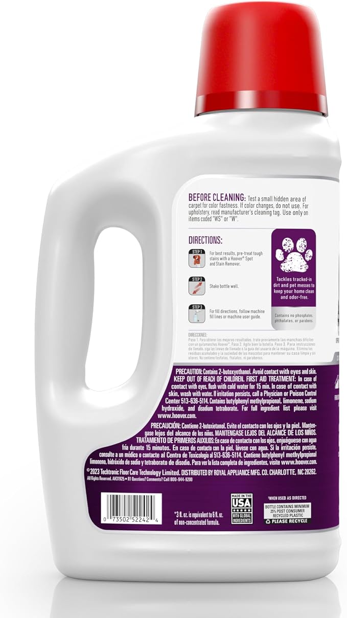 Hoover Pet Carpet Cleaner Solution, 64 oz., Tropical Breeze Scent, Deep Cleaning Carpet Shampoo Solution, Eliminates Urine Stains and Odors, Pair with Hoover Carpet Cleaner Machine