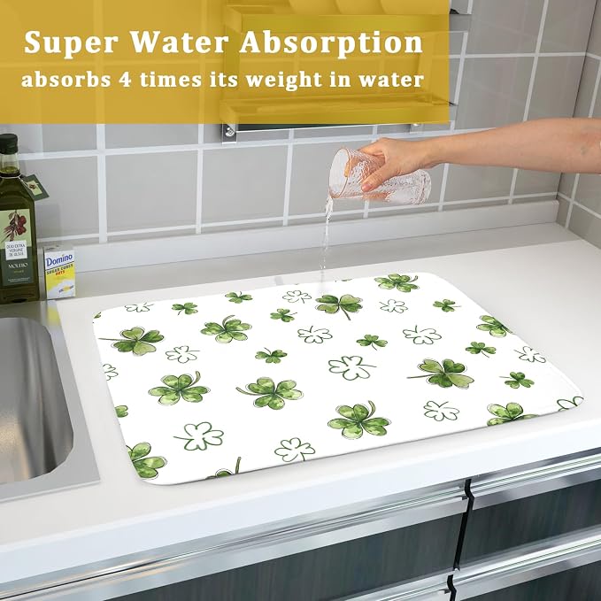 St Patricks Day Dish Drying Mat for Kitchen Counter Cute Shamrocks Holiday Microfiber Absorbent Dish Draining Reusable Washable Foldable Extra Large 18"x24"