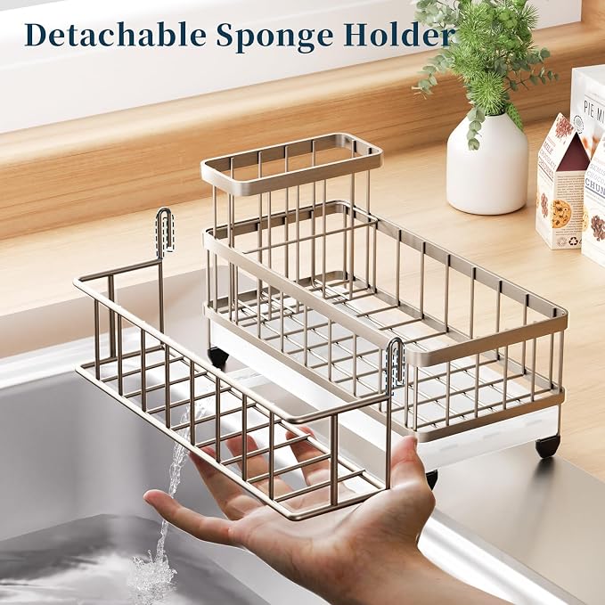 Consumest Sponge Holder for Kitchen Sink - Auto Draining Sink Caddy Organizer with Detachable Rack, High Brush Holder, Kitchen Countertop Storage Accessories, Sand Nickel