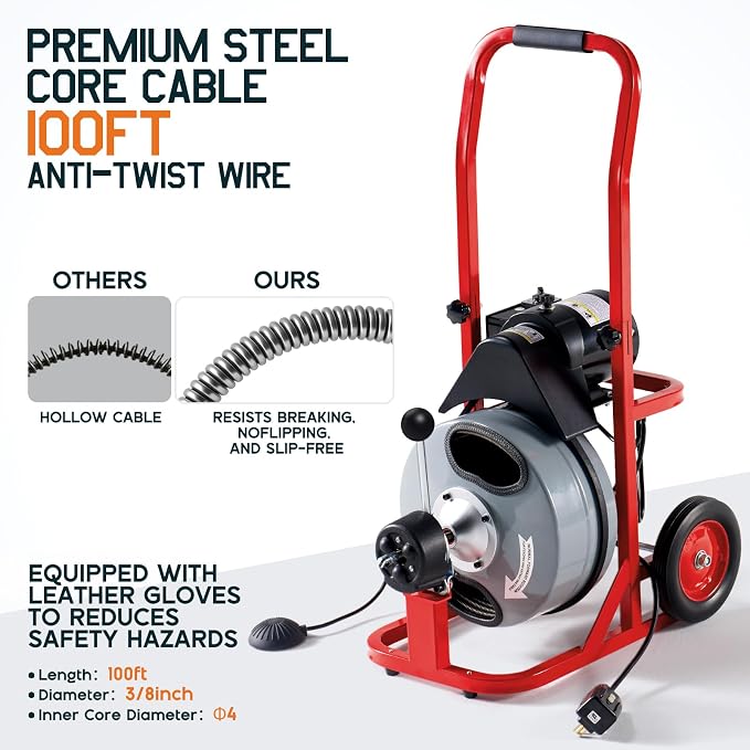 Albott 100 FT x 3/8 inch Electric Drain Cleaner Machine with Auto-Feed & 10 Cutters, Sewer Snake Auger for 1–4 Inch Pipes, Wheels & Foot Switch, Ideal for Home & Commercial Use, Gray/Red