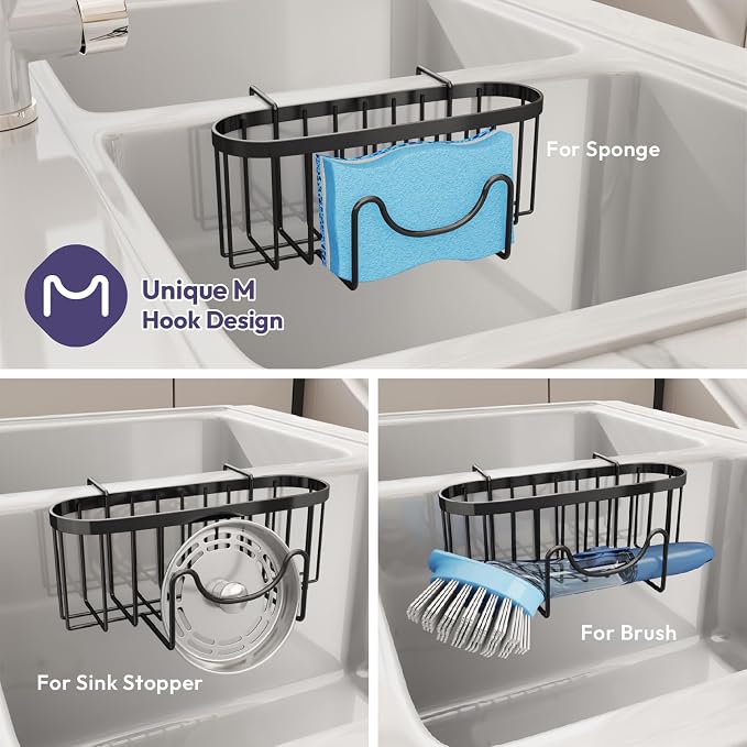 SWTYMIKI Sponge Holder for Kitchen Sink - Movable Kitchen Sink Caddy with M Shape Hook Stainless Steel Hanging Sponges Caddy Organizer in Double Bowl Sinks Depth>3.15in, Middle Divider<1.5in, Black L