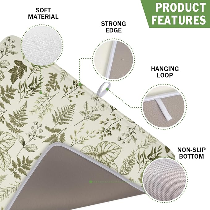 Vintage Botanical Floral Dish Drying Mat for Kitchen Counter Sage Green Herbs Fern Leaves Plant Microfiber Dish Drainer Mat Absorbent Washable Drying Pad 16"x18"