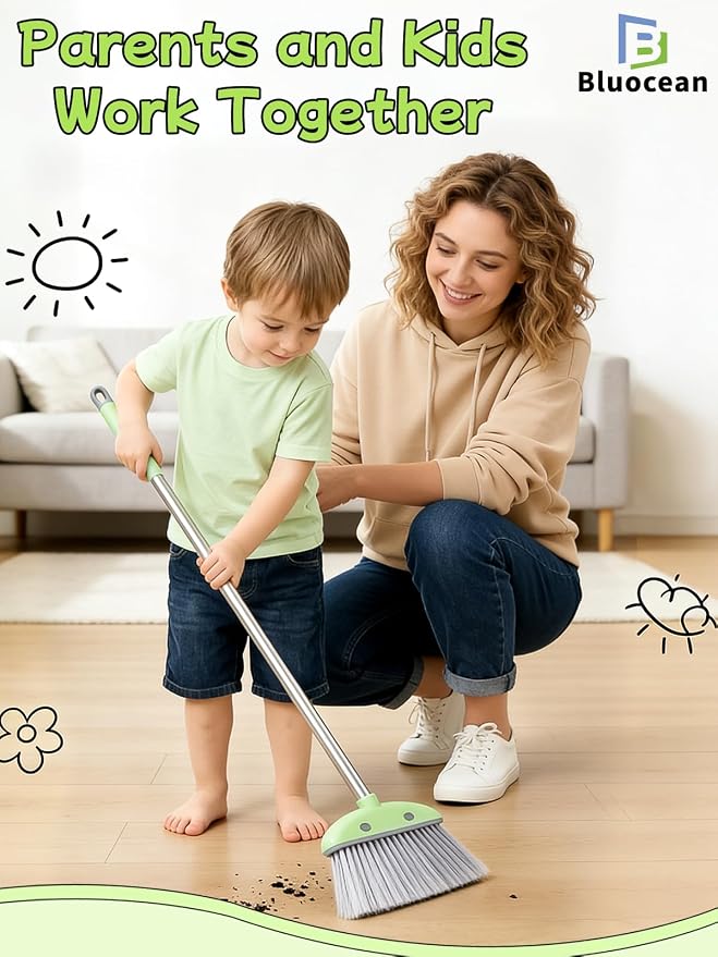 28'' Kids Mini Broom with Dustpan & Mop Set - Toddler Cleaning Toy, Toddler Household Helper, Parent-Child Interactive Play Cleaning Tool, Cute Cartoon Design, Small Safe Corner Broom (Green)