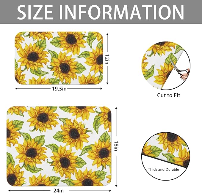 Dish Drying Mat 2-Pack in Sunflower Floral for Kitchen Counter Dishes Mat | Diatom Mud Mats (18x24, 19.5x12"). Non-slip rubber back for kitchen counter, coffee bar & sink scenes