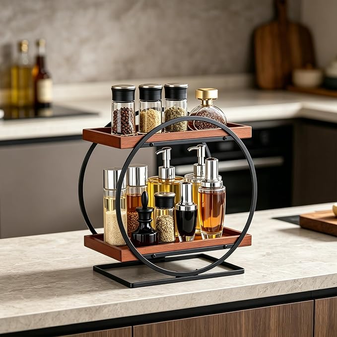 2-Tier Bathroom Counter Organizer, Wooden Perfume Organizer for Dresser, Bamboo Countertop Trays for Skincare Makeup Vanity Shelf, Organizers and Storage for Bathroom Kitchen, Black & Brown