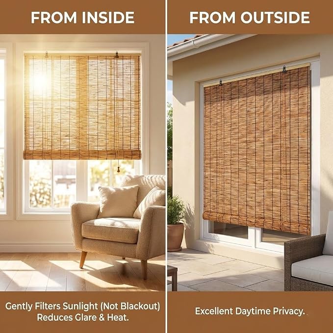 Bamboo Roman Shades for Windows 27 inch 30 inch 34 inch 46 inch Cordless Bamboo Blinds Blackout 70% Hand Woven Reed Roller Blinds with Lift for Inside Mount Privacy Screen(Natural,38" W x 72" H)