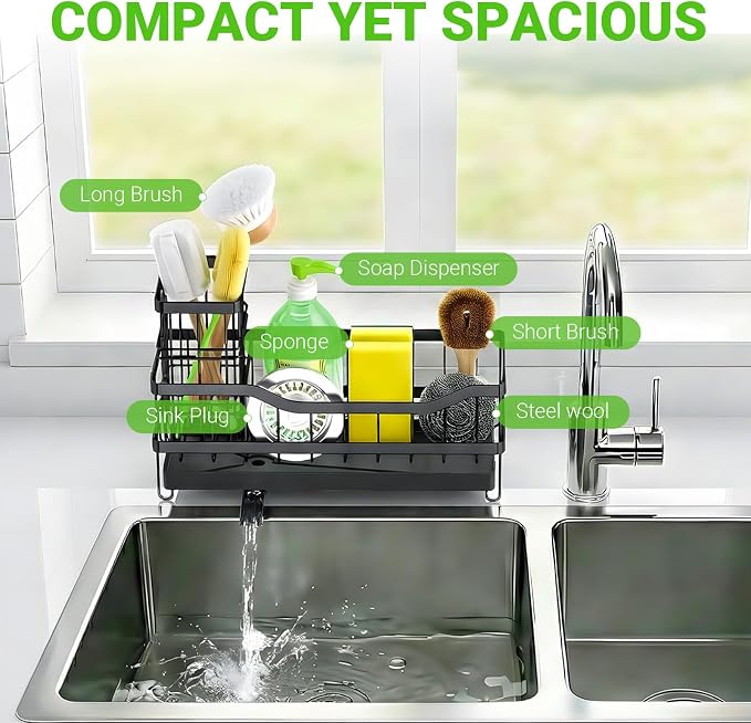 Sponge Holder for Kitchen Sink, Self-Draining Sink Caddy Organizer with Removable Brush Holder, Rustproof Metal Sponge Rack for Countertop, Fits Soap Dispenser & Scrubber, Black