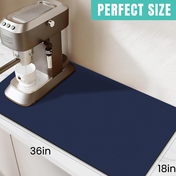 WISELIFE Coffee Mat Super Absorbent Dish Drying Mat Coffee Bar Accessories Match with Machine Large Drying Mats for Kitchen Counter 18" W x 36" L, Blue