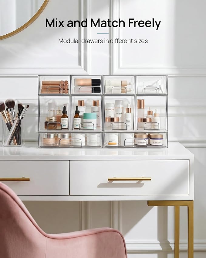 Vtopmart 2 Pack Small Clear Stackable Storage Drawers,Acrylic Bathroom Makeup Organizer,Plastic Storage Bins for Vanity, Undersink, Kitchen Cabinets, Pantry, Home Organization