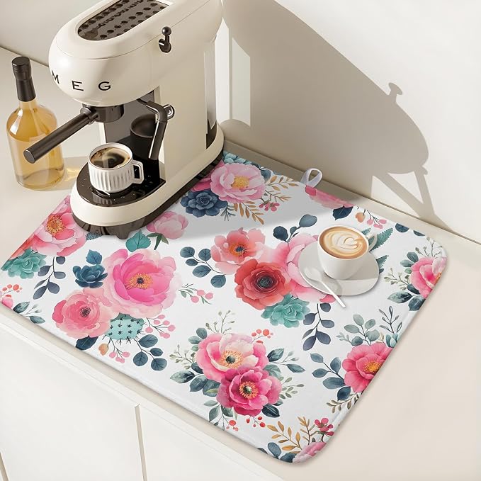 Spring Floral Dish Drying Mat for Kitchen Counter Spring Summer Flowers Kitchen Dish Drying Pad 18”x24” Absorbent Reversible Watercolor Flowers Dishes Drainer Pad Dish Drying Rack Mat for Countertop