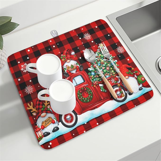 Christmas Dish Drying Mat for Kitchen Counter Xmas Gnome Truck Red Black Buffalo Plaid Dish Drainer Mat Rustic Farmhouse Holiday Absorbent Washable Drying Pad 16"x18"