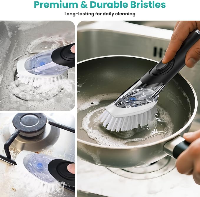 Soap Dispensing Dish Brush, Dish Scrub Brush with Soap Dispenser, Dish Soap Brush for Dishes, Pans, Sink, Pots | Dish Soap Brush, Built-in Soap Dispense, Built-in Scraper, Replaceable Dish Head