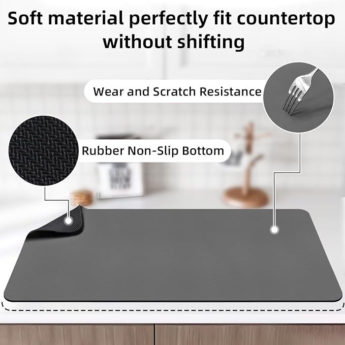 LOPNUR Kitchen Dish Drying Mat, 31.5"x17" Extra Large Dish Drying Mats for Kitchen Counter, Diatomite Coffee Mat, Super Absorbent Dish Drying Pad, Heat Resistant Mat with Anti-slip Rubber Backed, Grey