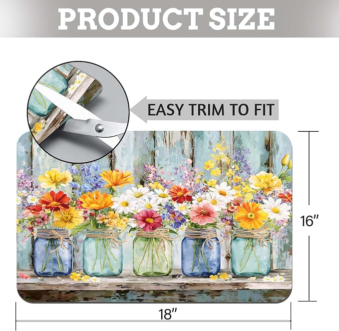 MCALK Floral Vases Dish Drying Mat for Kitchen Counter, Spring Wooden Dish Drying Pad with Anti-Slip Rubber Base, Absorbent Kitchen Sink Mat with Farmhouse Decor (1 pc 18" x 16")