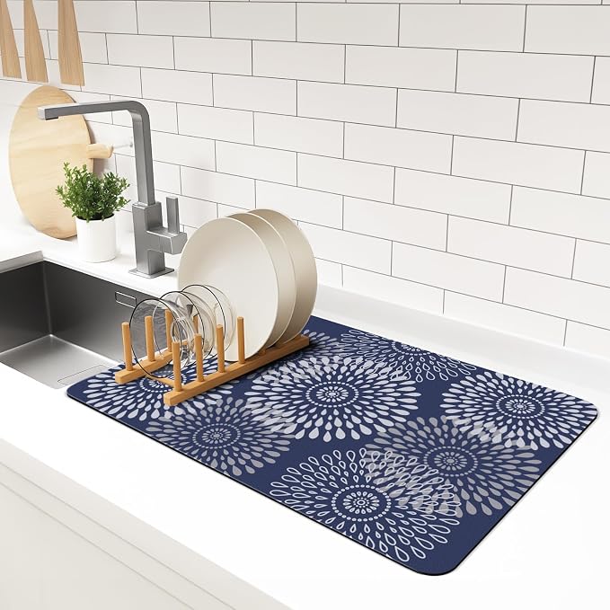 LuxStep Dish Drying Mat Super Absorbent Kitchen Counter Mat Rubber Backing Draining Mat Easy to Clean Kitchen Accessories Dish Rack Pad for Dishes, Utensils, Countertops, Sinks 16" x 24" Blue